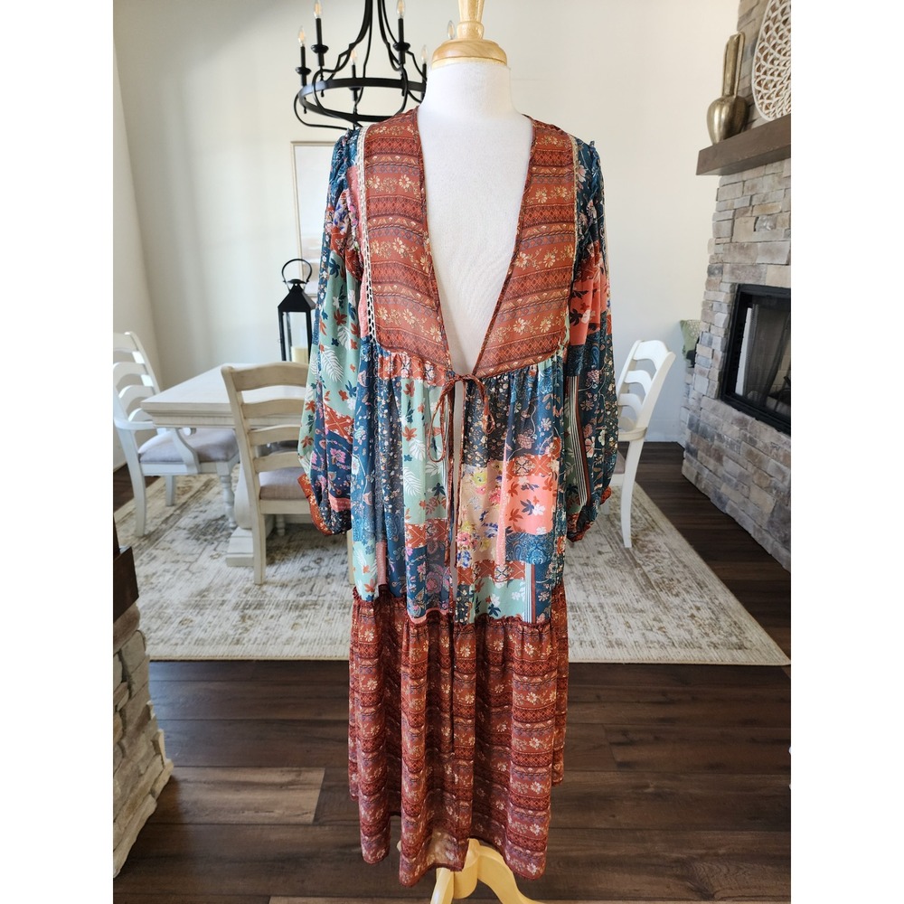 Boutique‎ Umgee USA Patchwork Boho Kimono Hippie Stevie Nicks Gypsy Festival S